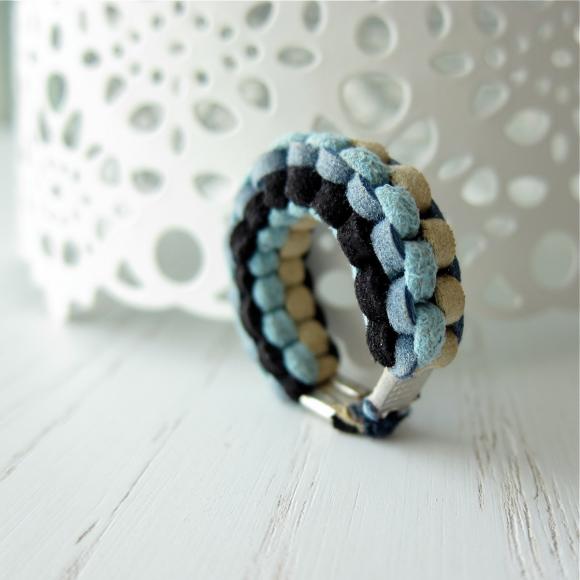 Muse Ring No.1 - Hand Woven Braid Faux Eco Friendly Suede Braid In Denim Cream Black Turquoise (made To Order)