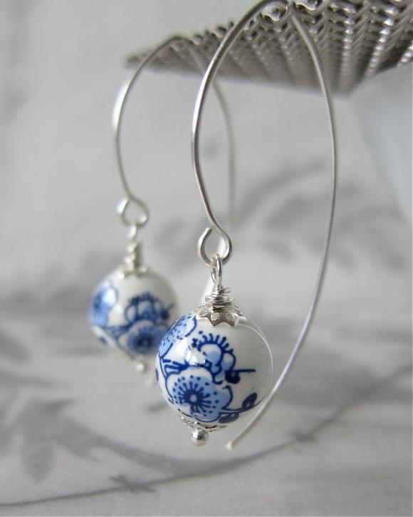 Cherry blossom porcelain bead earrings / sterling silver - Chinoiserie style