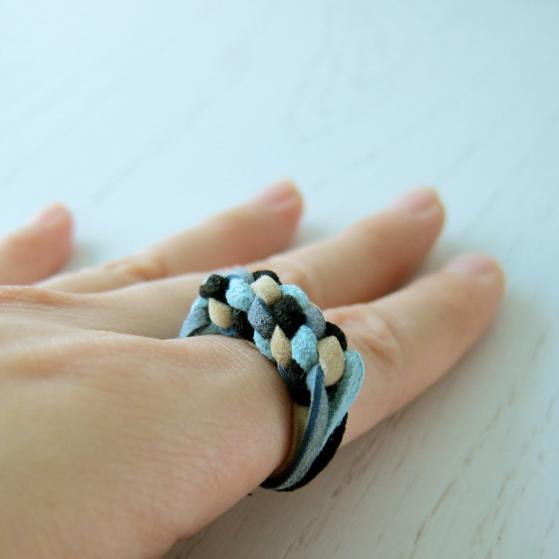 Harlequin Muse Ring No. 2 - Hand Woven Braided Faux Suede In Beige Turquoise Navy Denim (made To Order) - Avant Garde