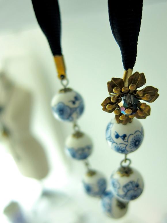 Cherry Blossom Porcelain / Ceramic Beaded Necklace - Ribbon Tie / Wire Wrapped (brass)