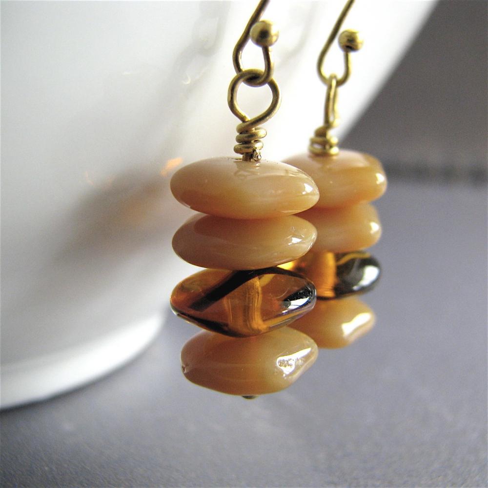 Delicious Creme Caramel Earrings Featuring Geometric Hexagonal Vintage Glass With Antiqued Gold Ear Hooks