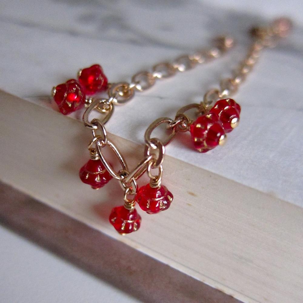 Saturn Beaded Bracelet - Rose Gold Chain With Vintage Glass (in Ruby Red)