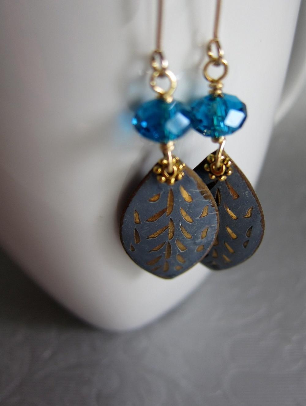 Moments Earrings - Vintage Incised Chamr With Teal Blue Crystals On 14k Gold Plated Ear Hooks - Nostalgic Style