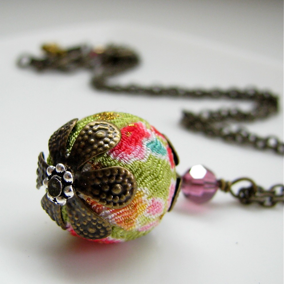 Kimono Fabric Cherry Blossom Necklace - In Chartreuse / Lime Green