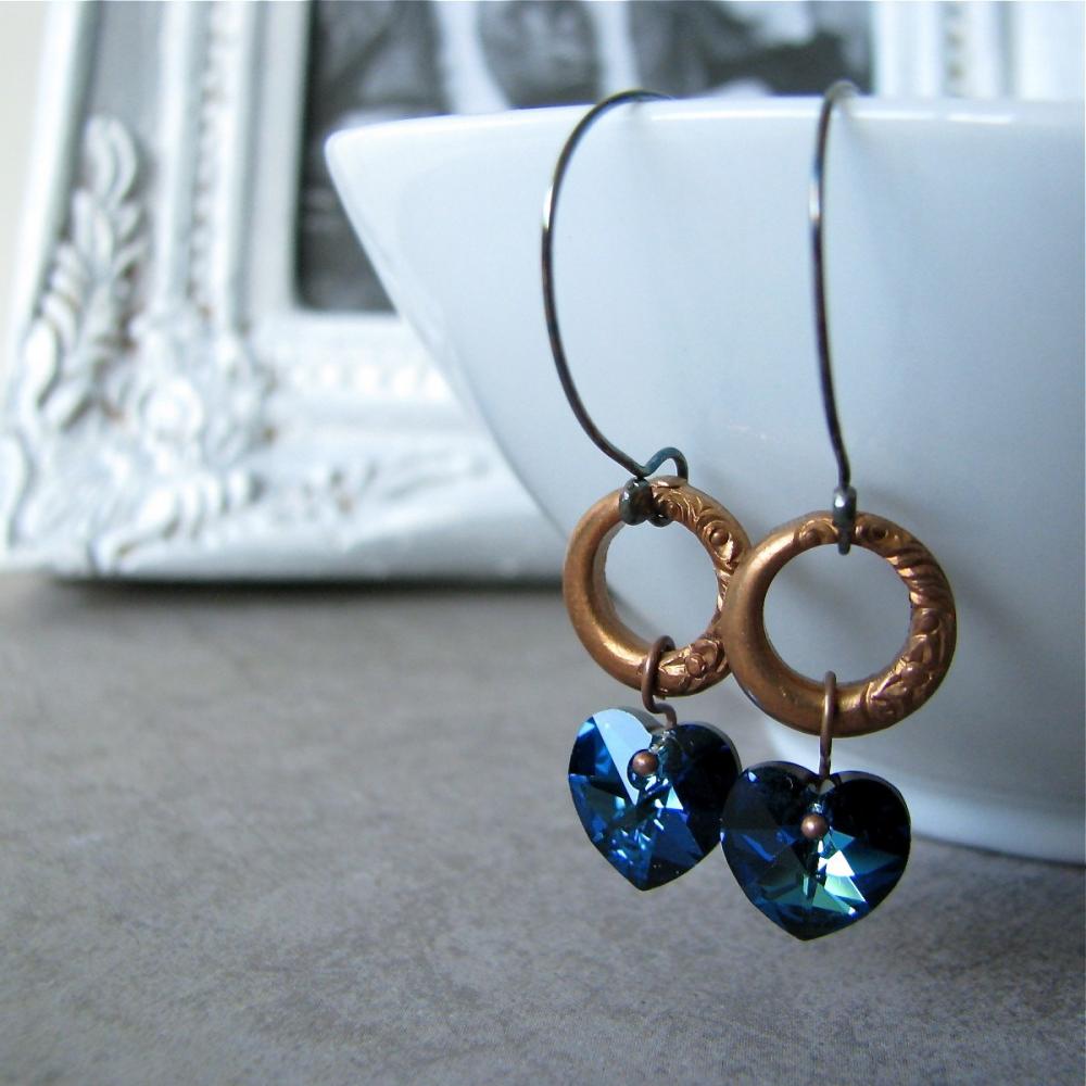 Sweet Life Earrings - Bermuda Blue Swarovski Crystal / Art Deco Vintage Rings On Sterling Silver Handmade Ear Wires - Nostalgic Style